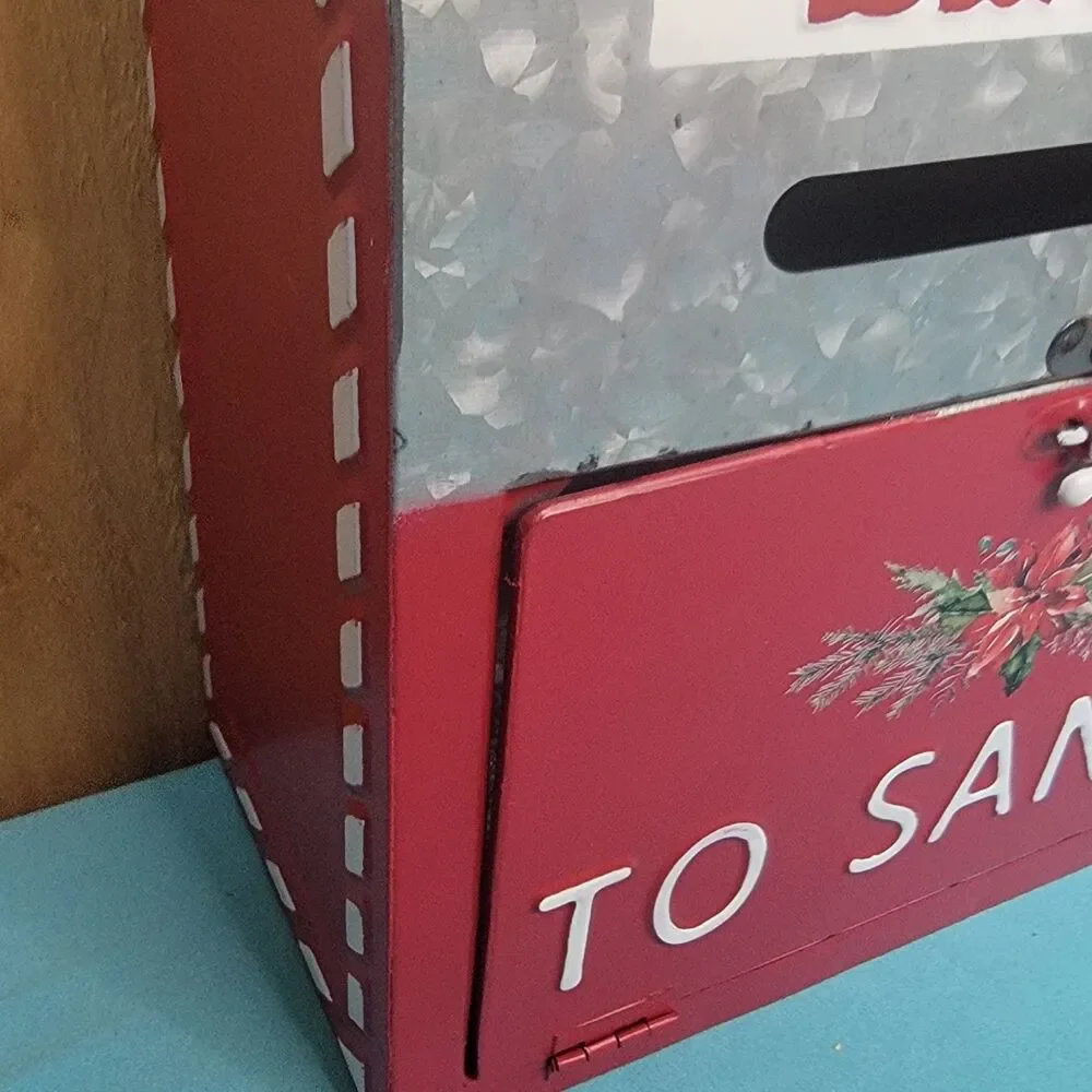 Letters To Santa Red Silver Metal Mailbox With Hanger North Pole Christmas